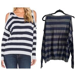 Central Park West REVOLVE Navy Dark Gray Striped Shoulder Cut-Out Sweater Small
